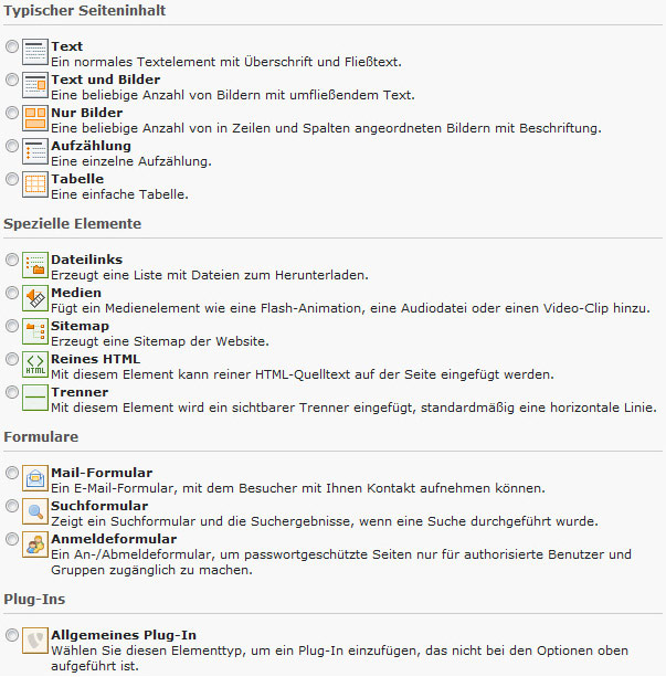 TYPO3 Basisfunktionen für Seiteninhalte (Screenshot: Agentur MUC-CMS)