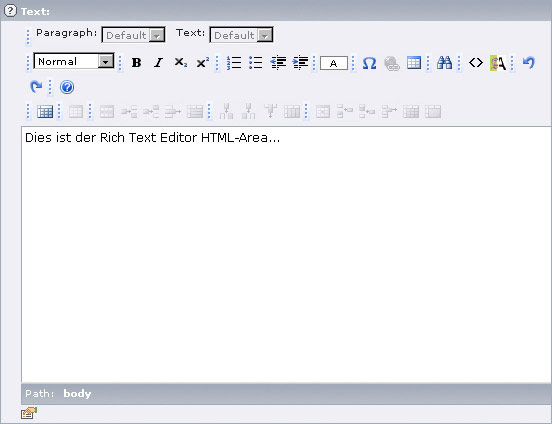 TYPO3 - Rich Text Editor HTML-Area in angepasster Konfiguration (Screenshot: Agentur MUC-CMS)